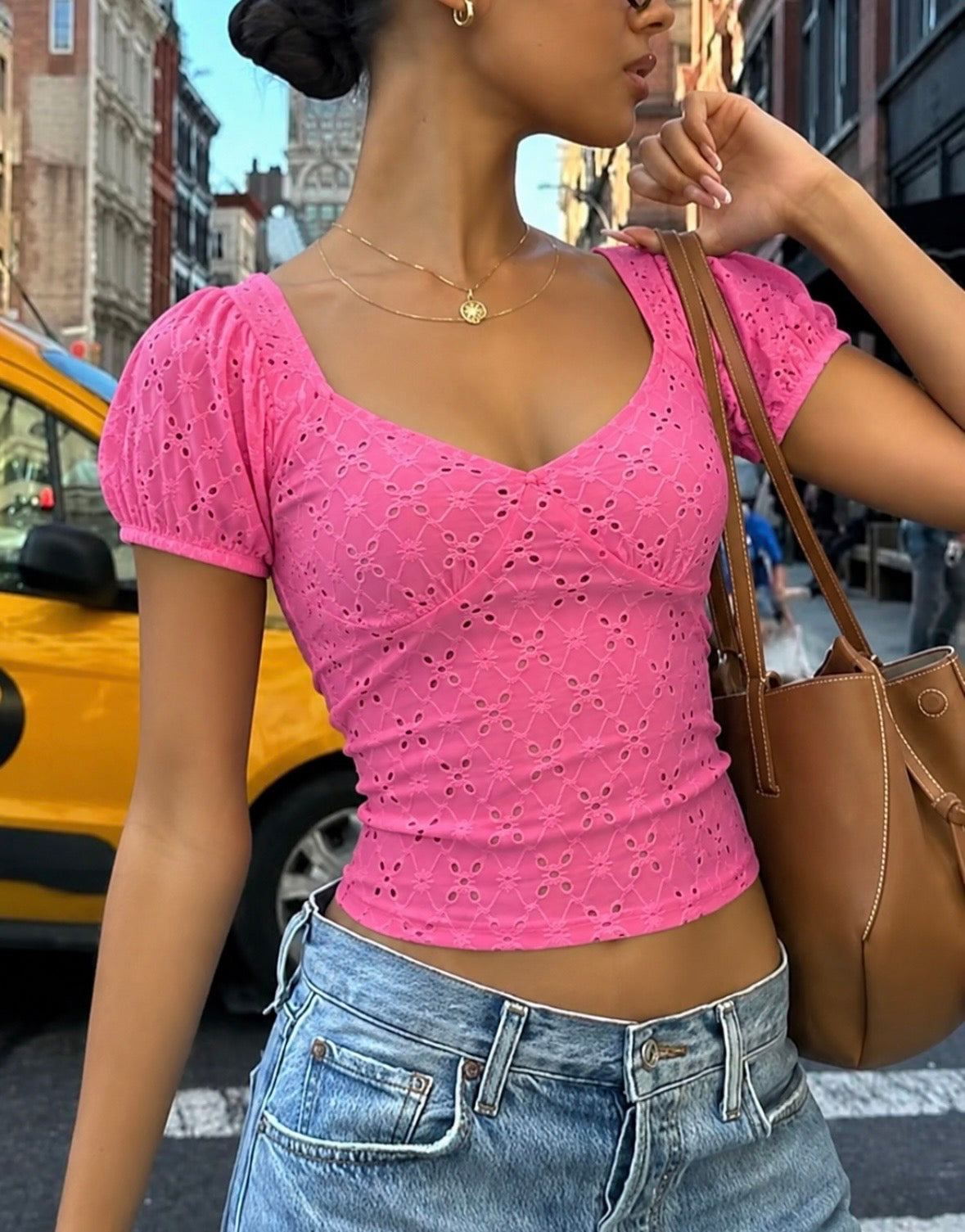 EYELET SWEETHEART NECKLINE PUFF-SLEEVE CROP TOP