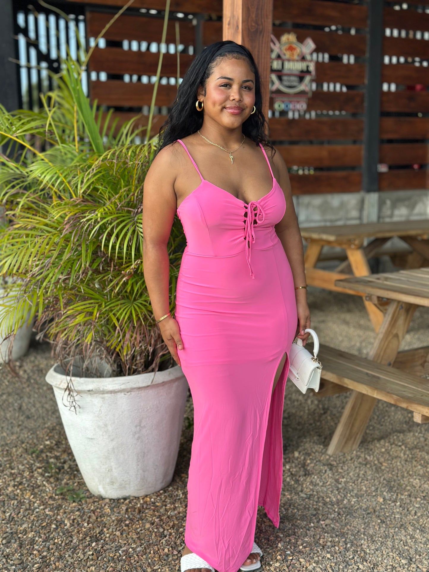SLIT LACE-UP BODYCON MAXI DRESS