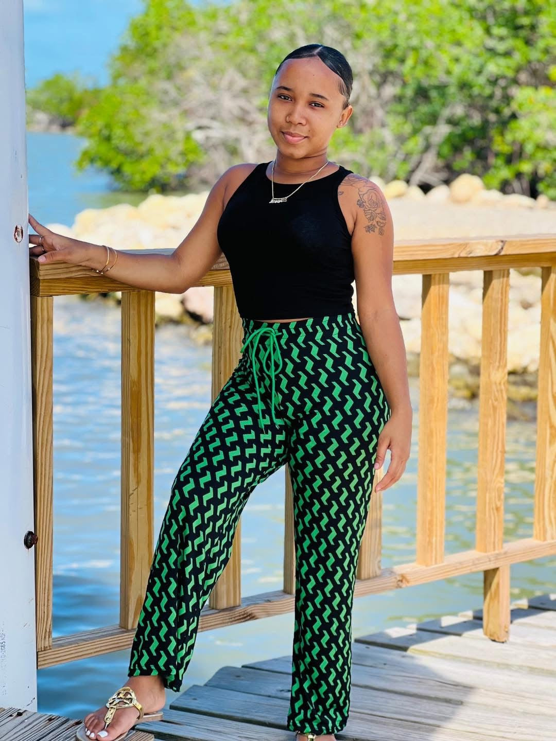 PRINTED RIBBED DRAWSTRING PANTS