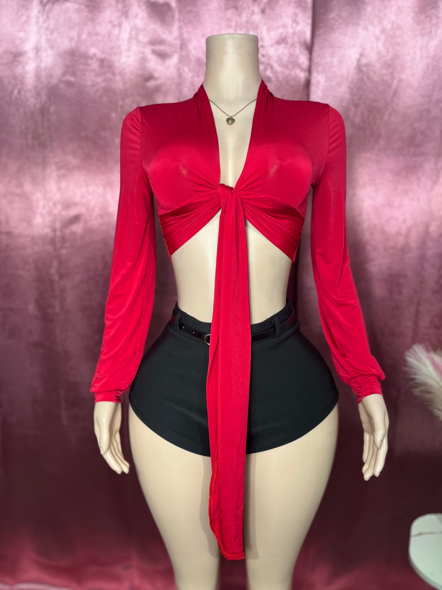 TIE FRONT LONG SLEEVE CROP TOP