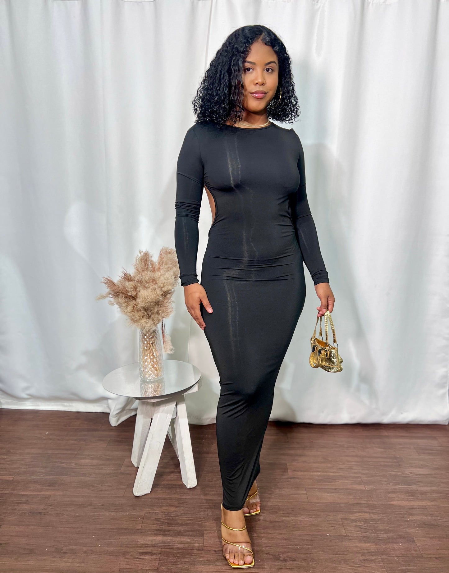 LONG SLEEVE, OPEN BACK MAXI DRESS