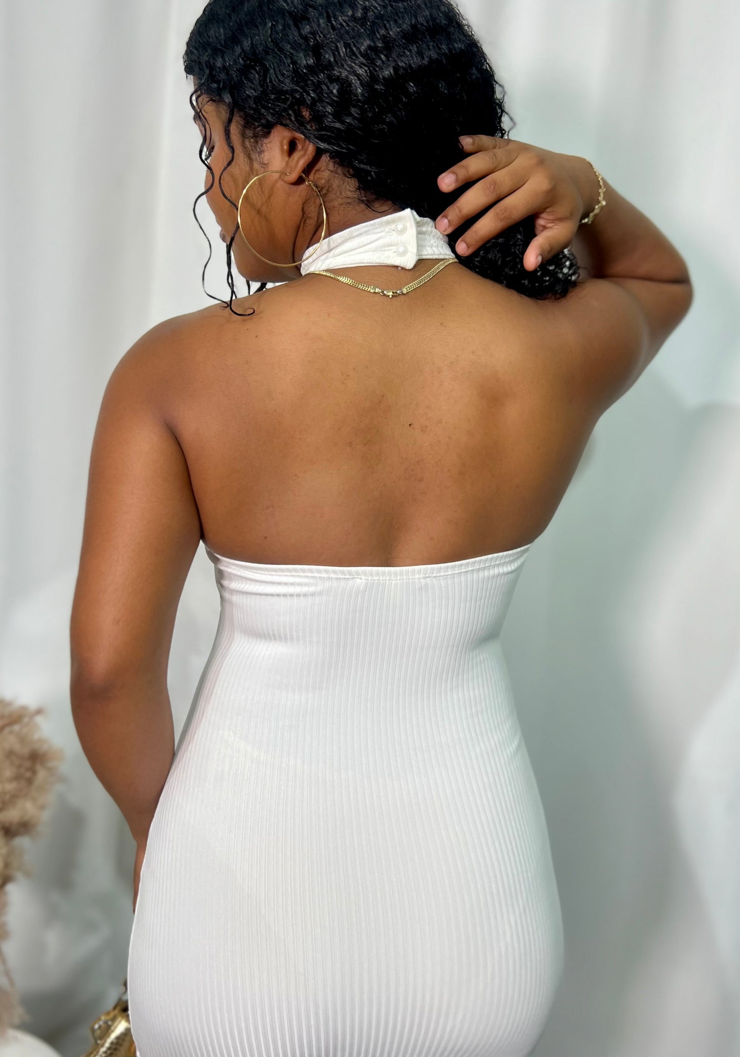 OPEN-BACK, HALTER MIDI SLIT DRESS