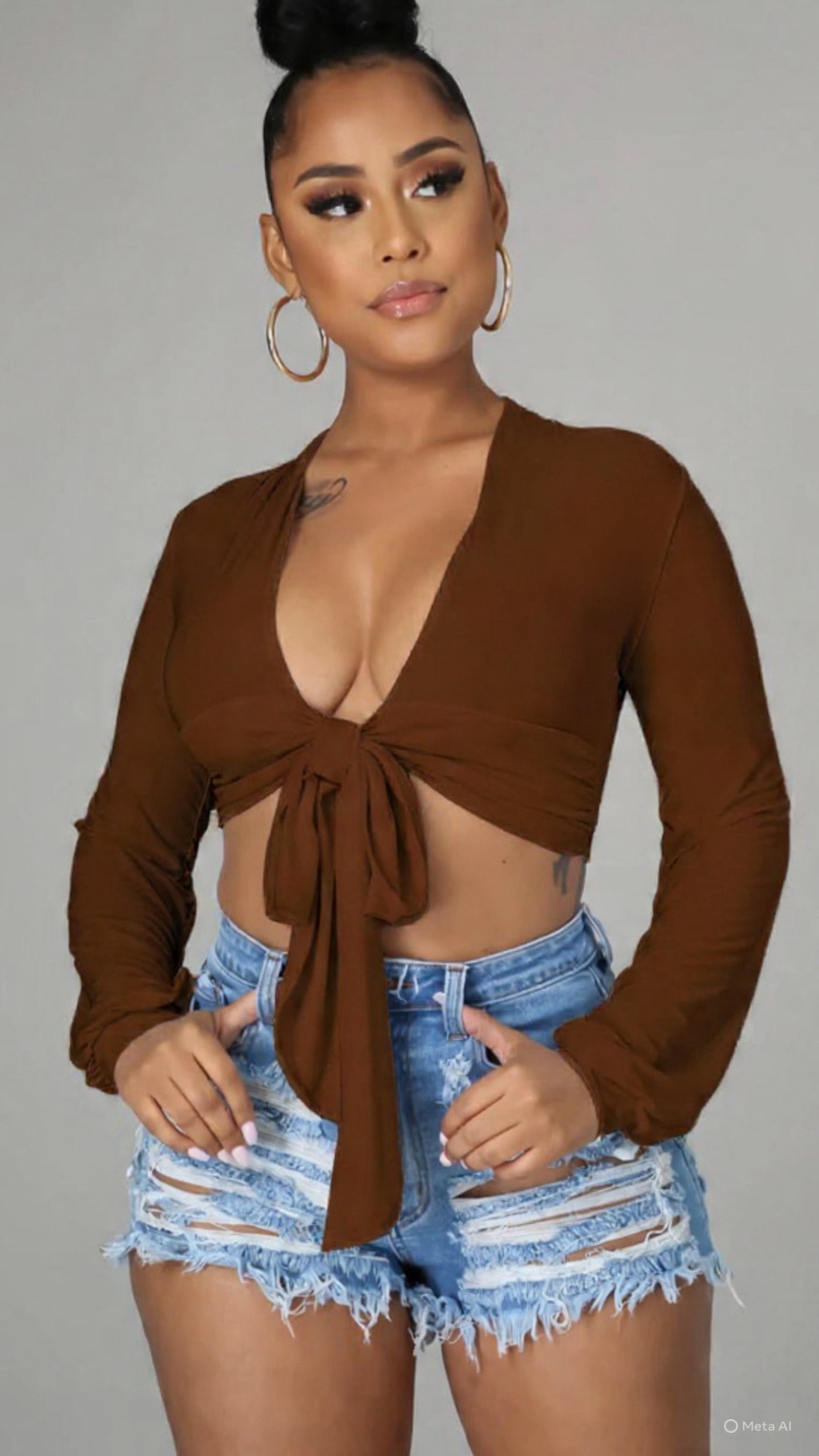 TIE FRONT LONG SLEEVE CROP TOP