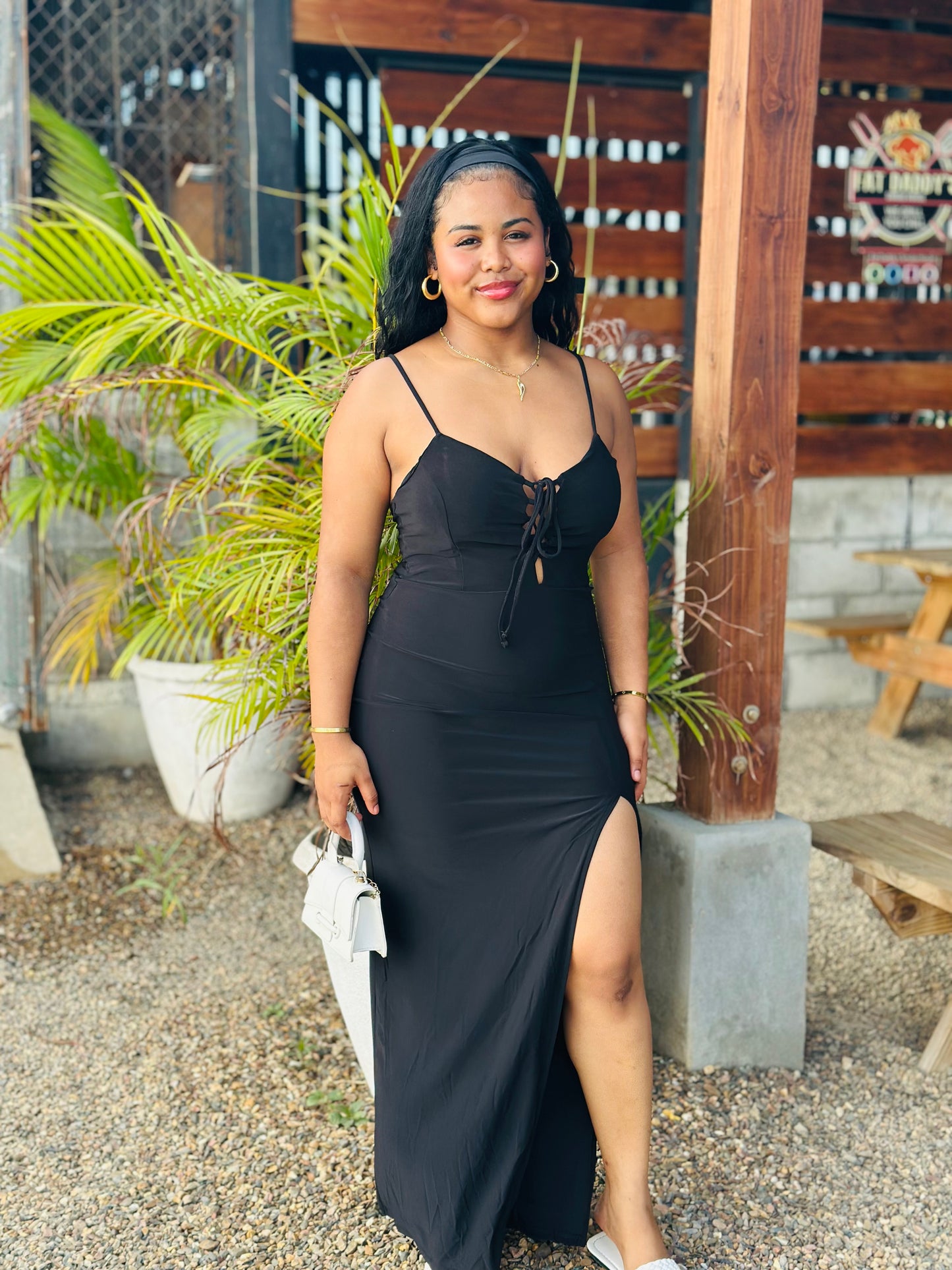 SLIT LACE-UP BODYCON MAXI DRESS