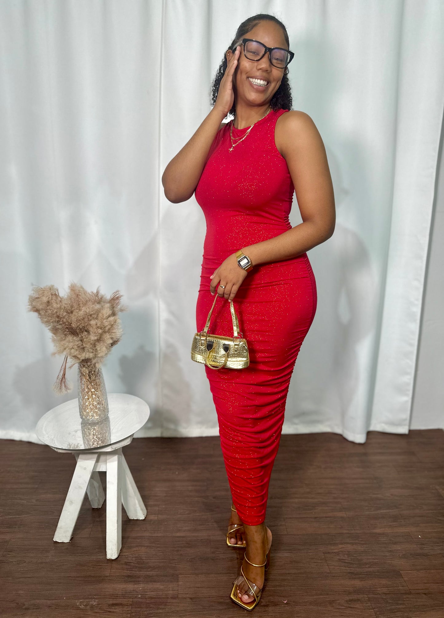 LUREX SLEEVELESS SHIRRED MAXI DRESS