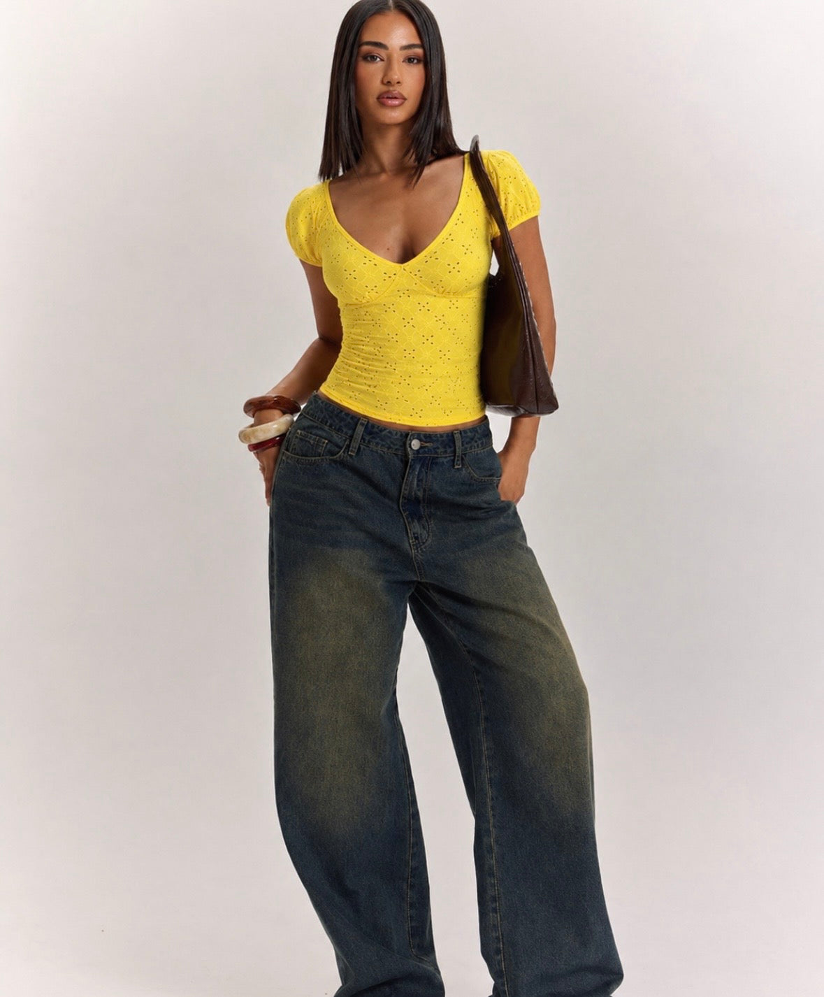 EYELET SWEETHEART NECKLINE PUFF-SLEEVE CROP TOP