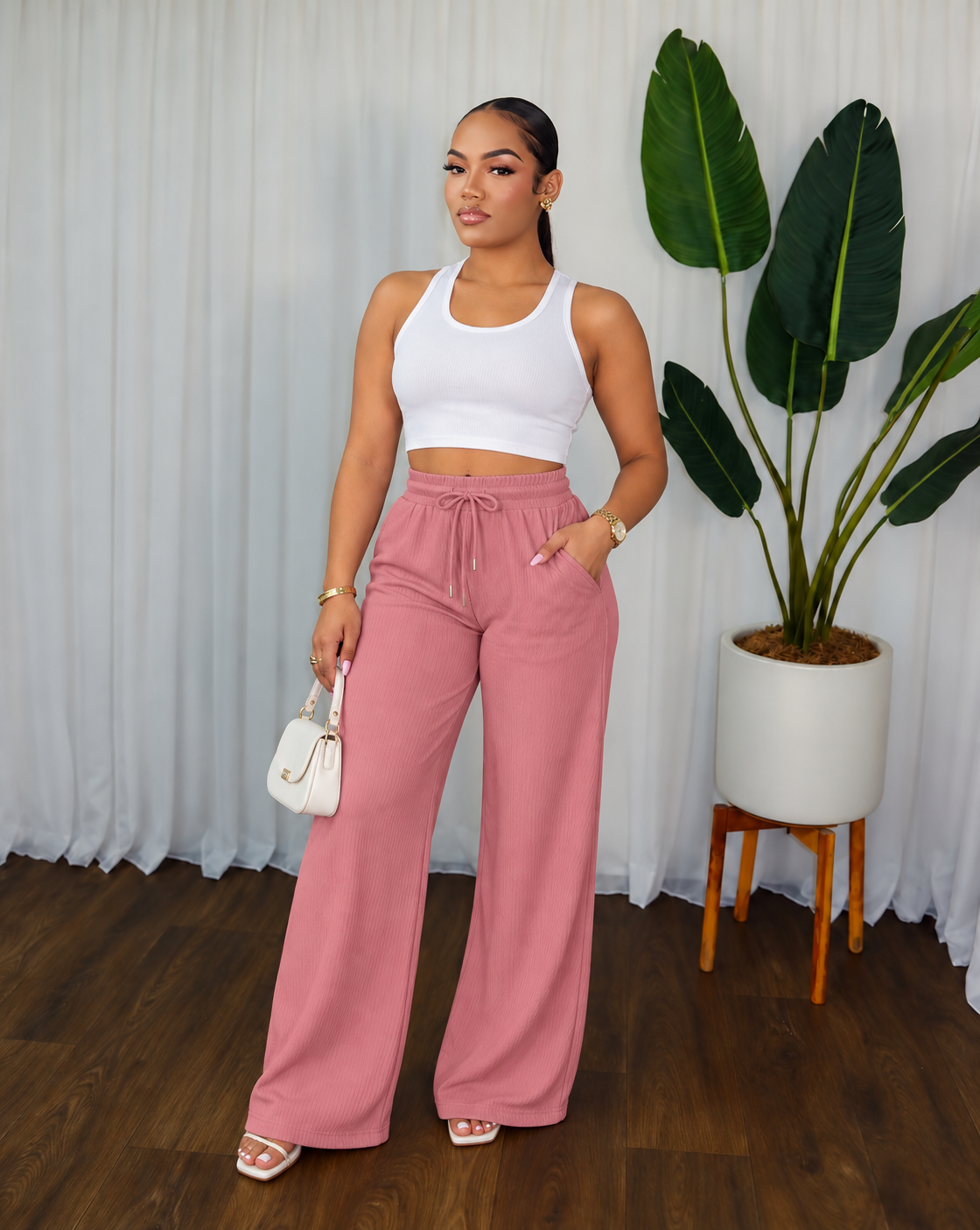 STRETCHY RIBBED DRAWSTRING PANTS