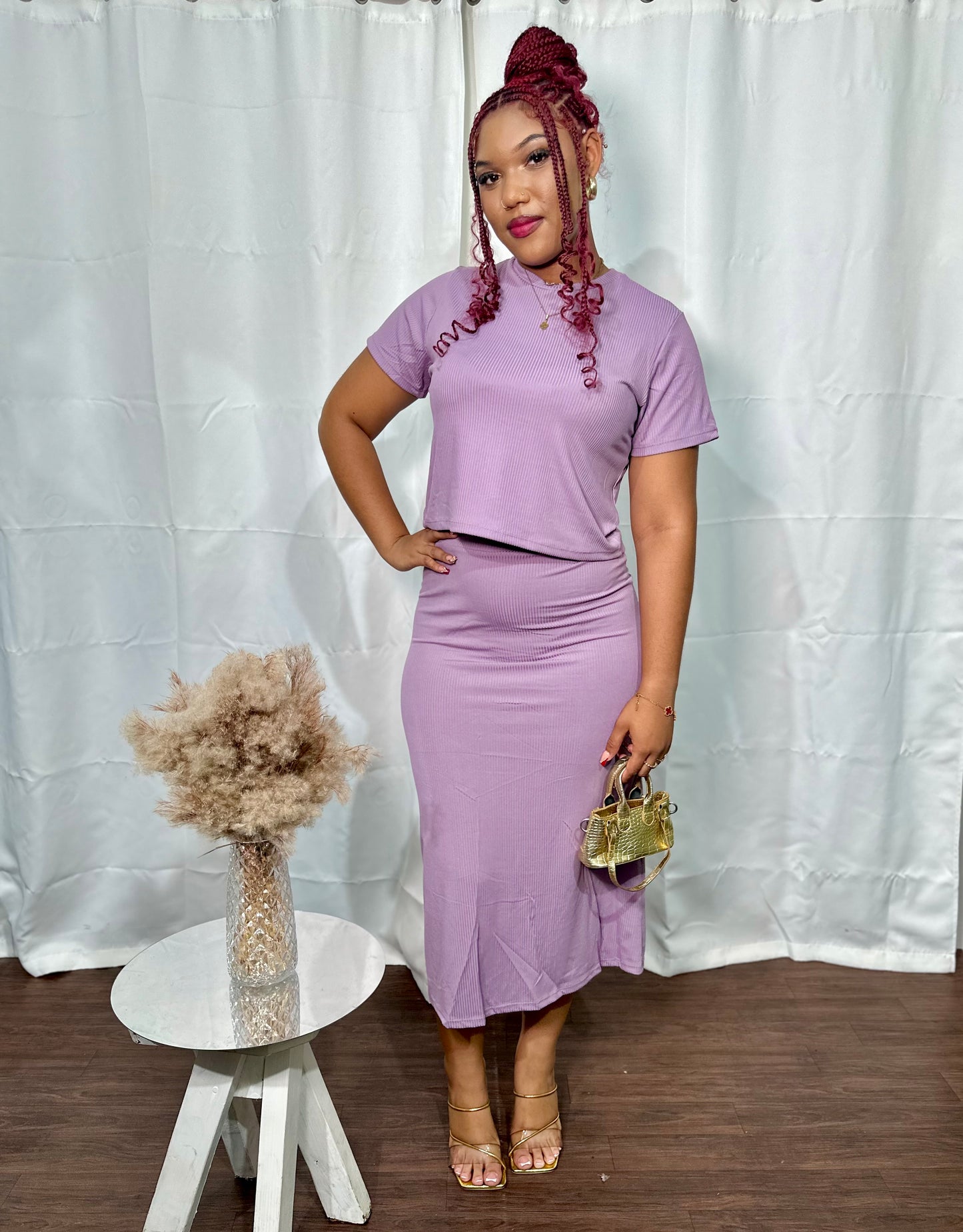 WAIST-LENGTH T-SHIRT / MIDI SKIRT RIBBED 2-PC SET