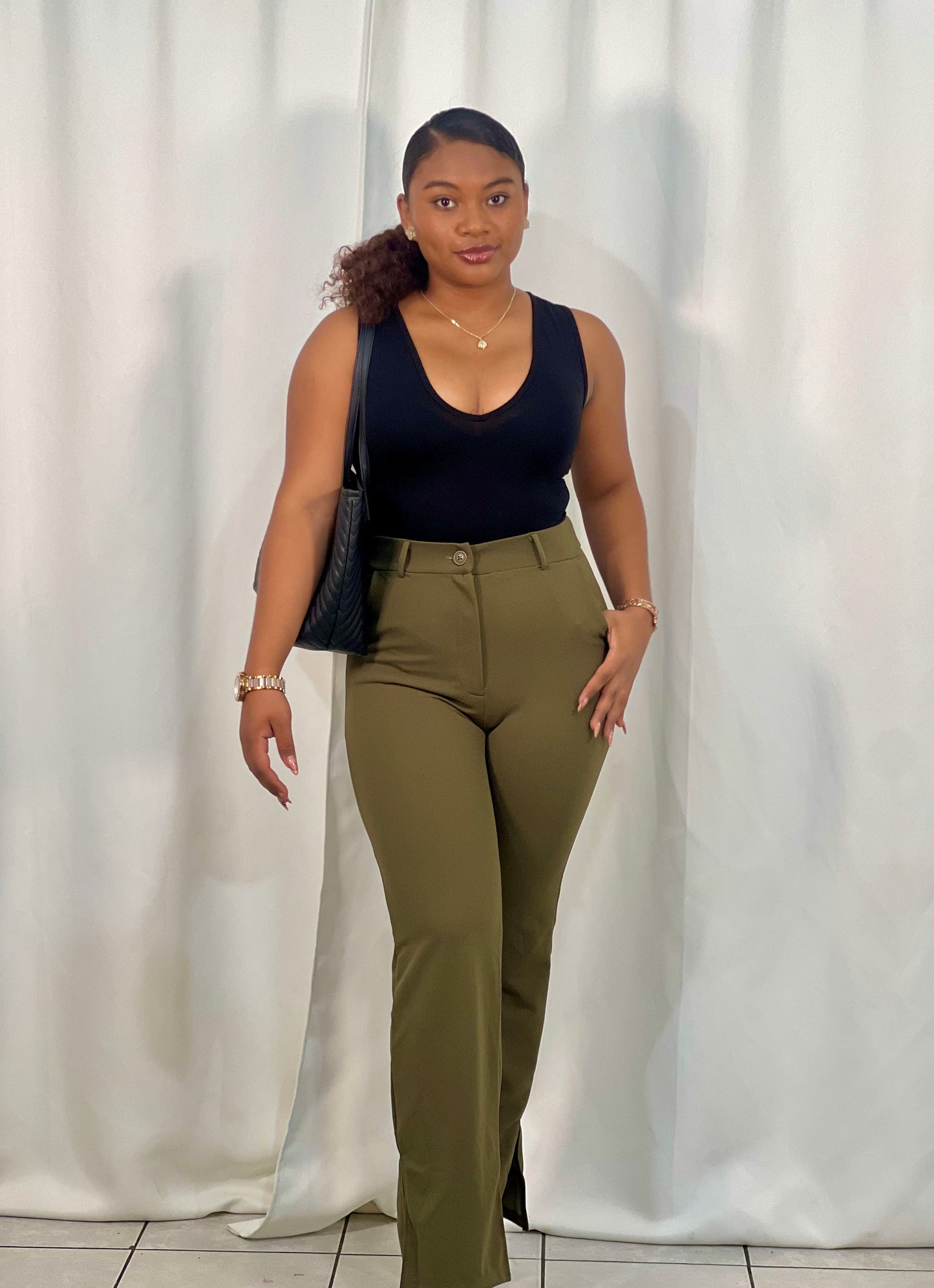 BUSINESSES PER USUAL ELASTIC WAIST DRESS PANTS W/ SLIT