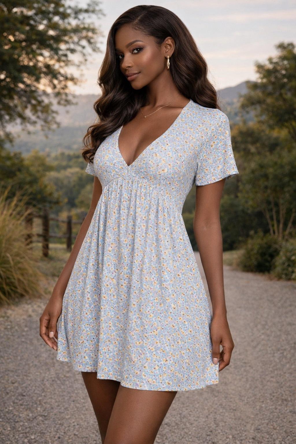 FLORAL DEEP V MINI DRESS