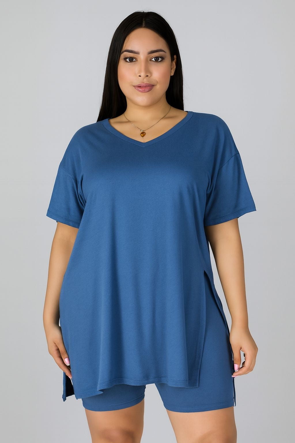 V NECK OVERSIZED BIKER SHORT SET