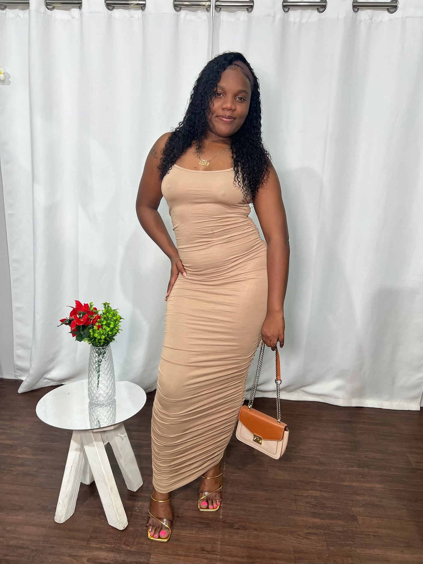 SPAGHETTI STRAP RUCHED MAXI DRESS
