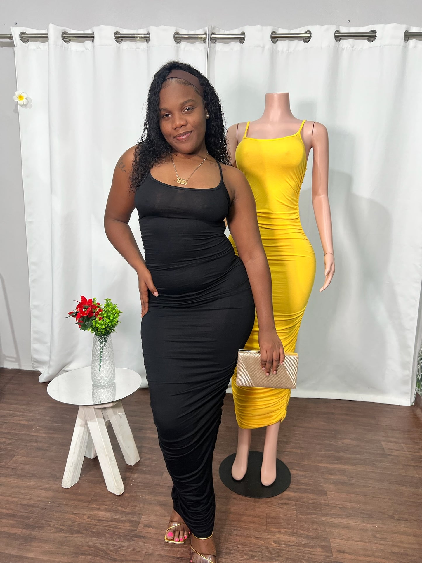 SPAGHETTI STRAP RUCHED MAXI DRESS