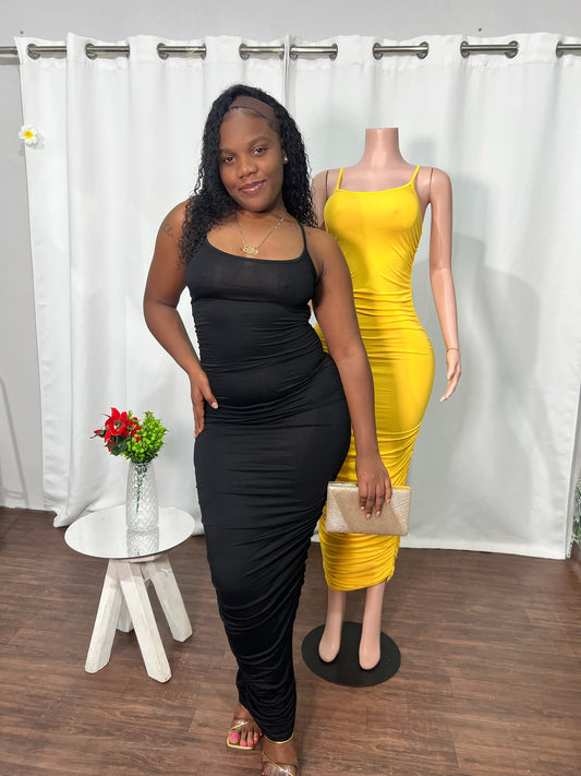 SPAGHETTI STRAP RUCHED MAXI DRESS