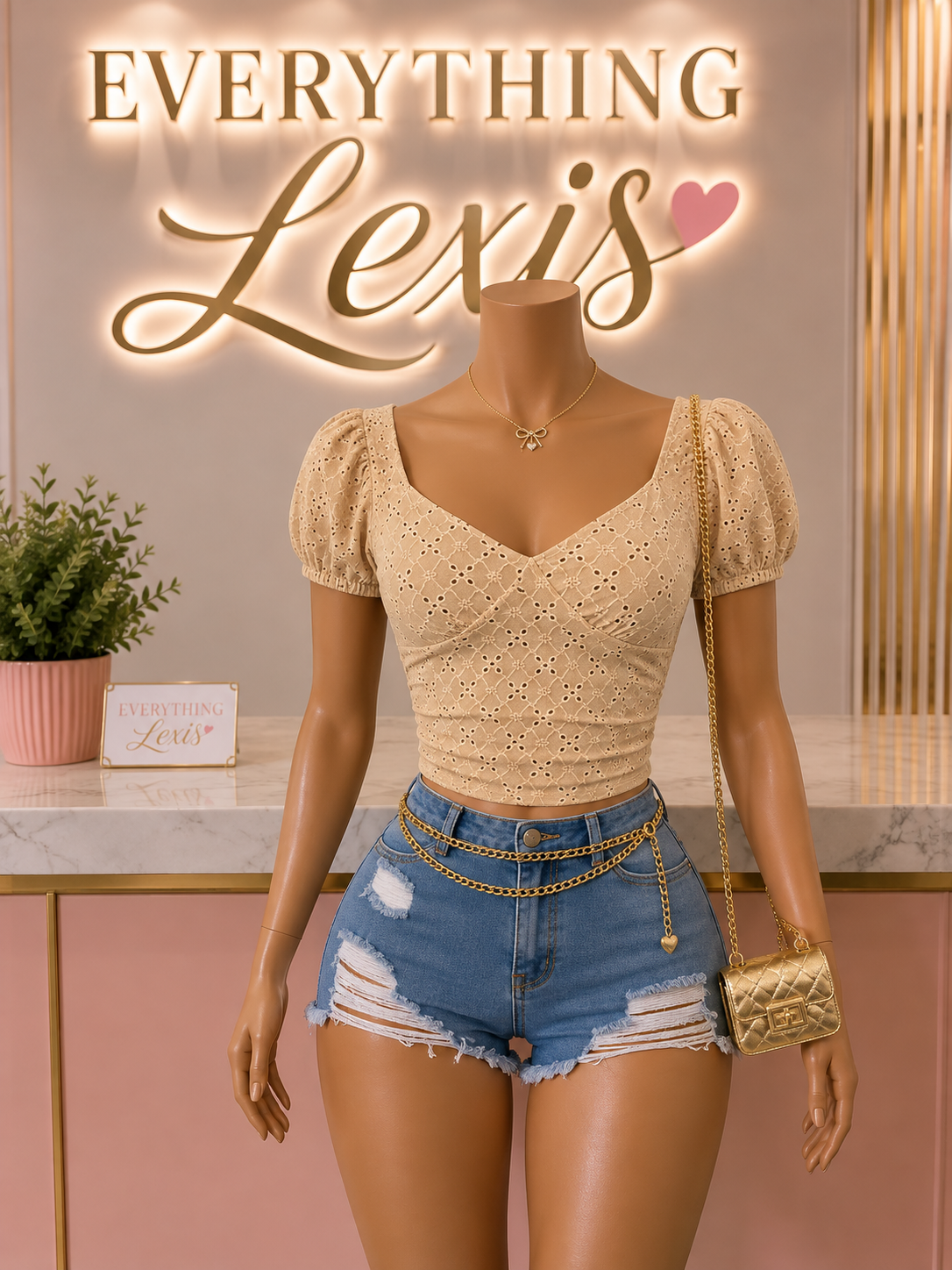 EYELET SWEETHEART NECKLINE PUFF-SLEEVE CROP TOP