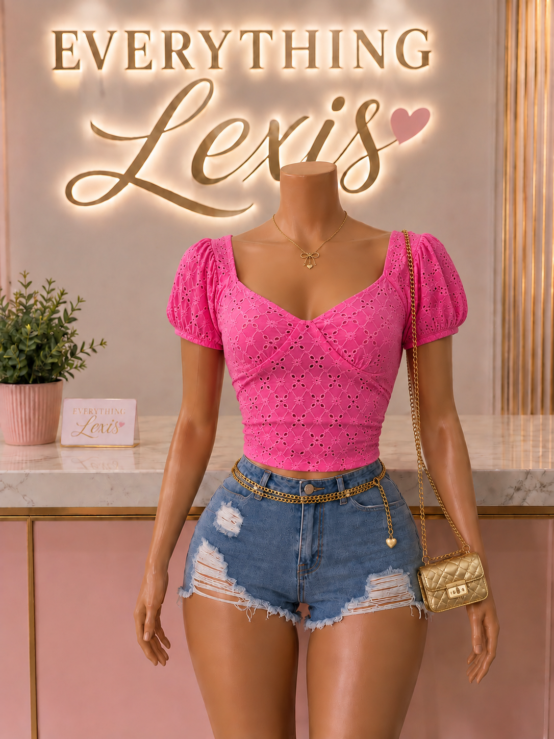 EYELET SWEETHEART NECKLINE PUFF-SLEEVE CROP TOP