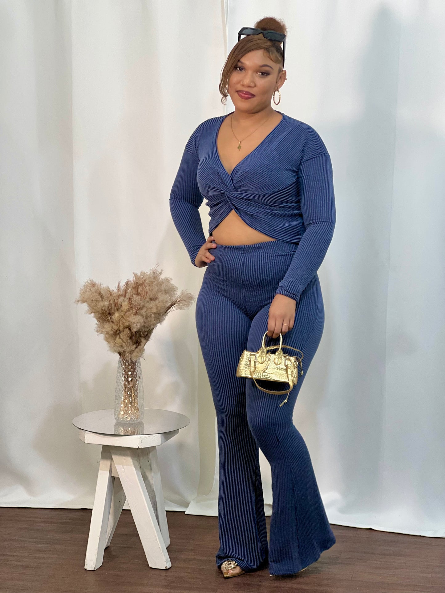 AYALA TEXTURED RIBBED 2 PIECE FLARED PANTS SET