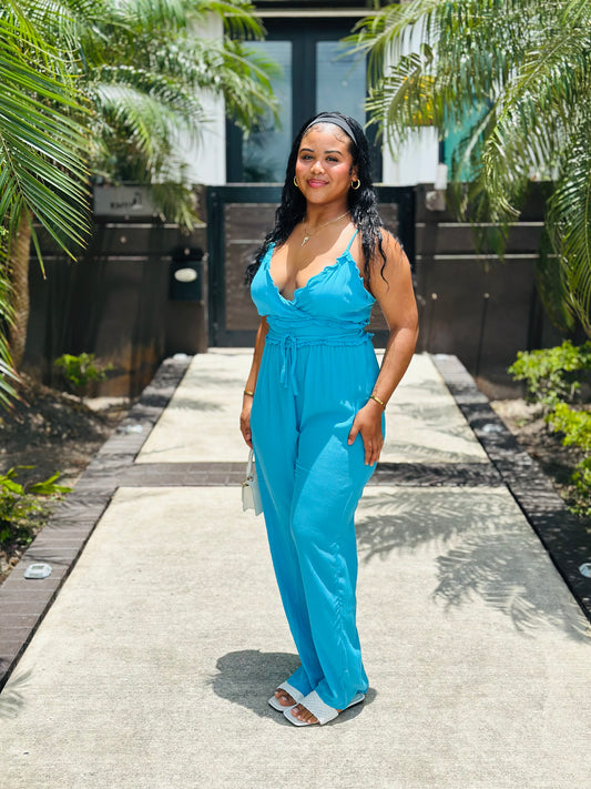 RUFFLED V-NECK WRAP JUMPSUIT