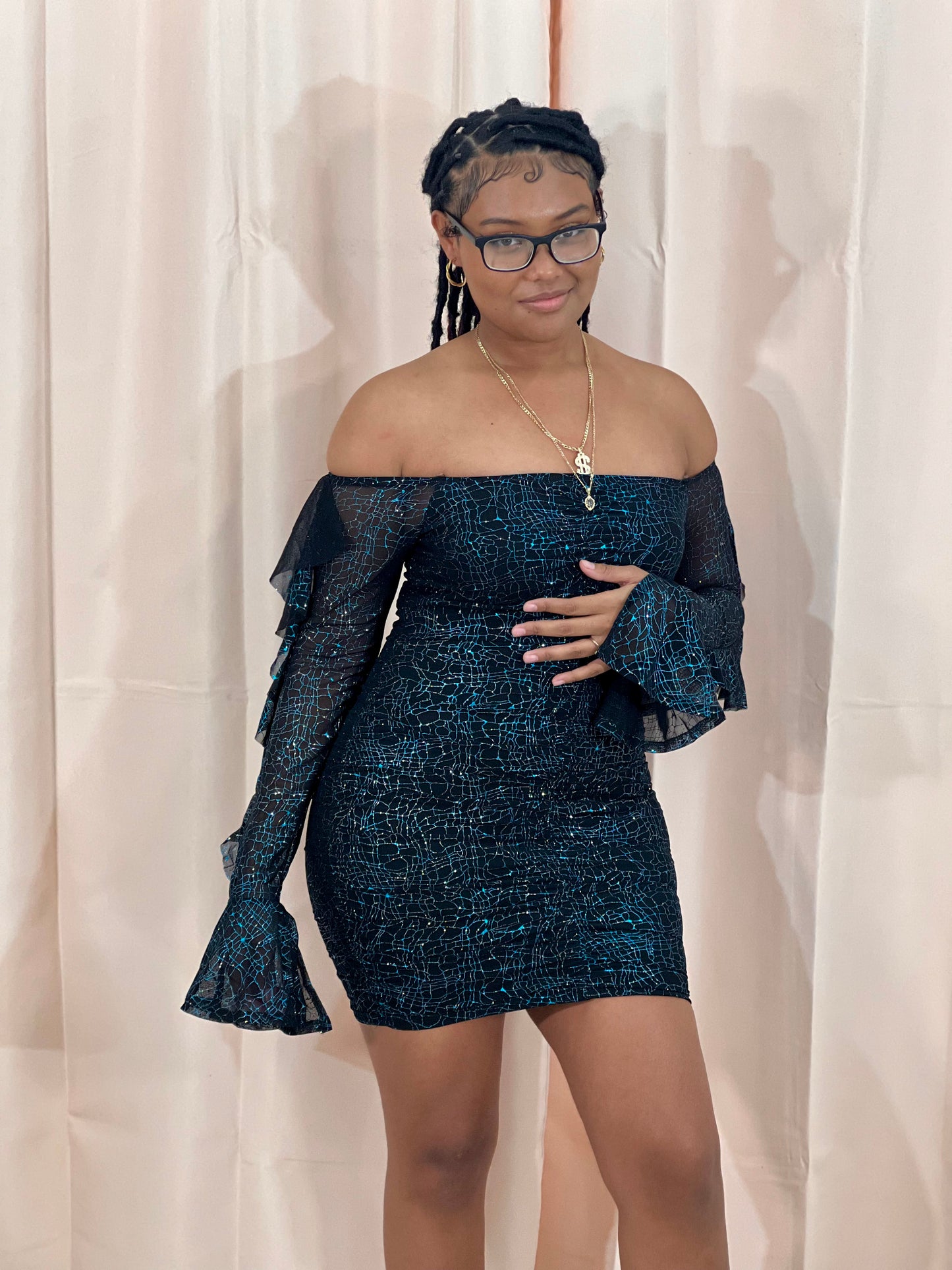 OFF SHOULDER LONG SLEEVE SHIMMERY MINI DRESS