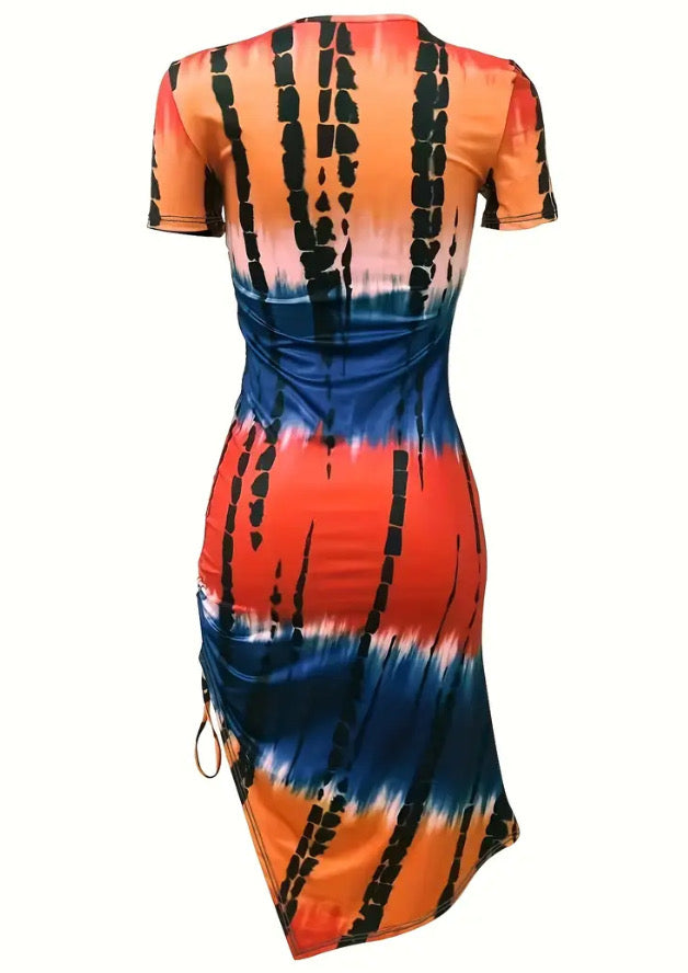 SHORT SLEEVE SPLIT RUCHED TIE DYE DRESS