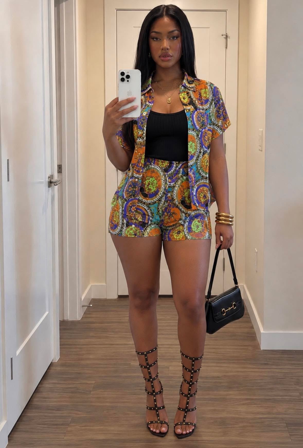 ABSTRACT PRINT BUTTON SHIRT / SHORTS SET
