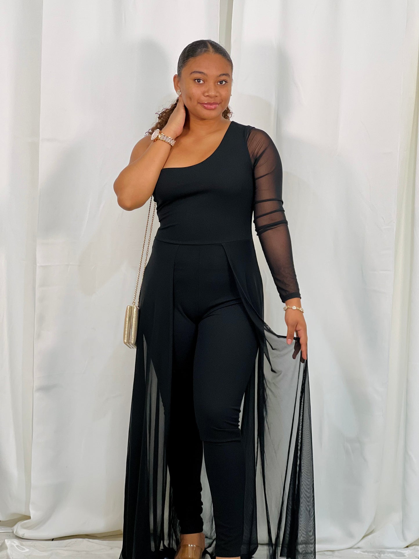 ONE SLEEVE JUMPSUIT W/ MESH SKIRT