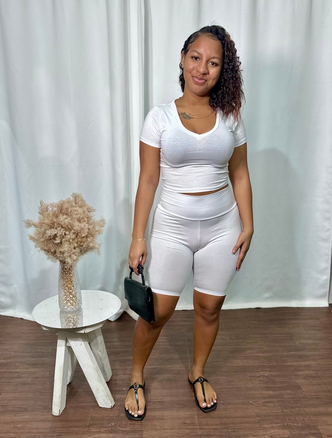 V NECK SHORT SLEEVE BIKER SHORT SET