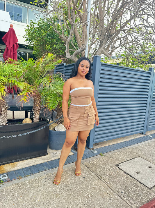 WHITE-TRIMMED TUBE TOP / CARGO SKIRT SET