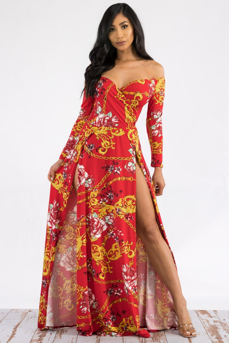 CHAIN MULTI PRINT LONG SLEEVE SLIT MAXI DRESS