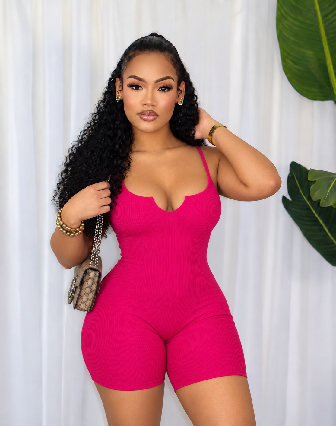 RIBBED SPLIT NECK CAMI ROMPER