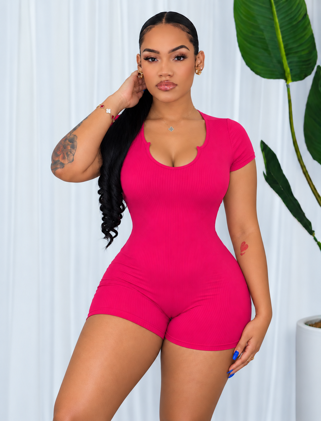 SOLID RIBBED SPLIT NECK ROMPER