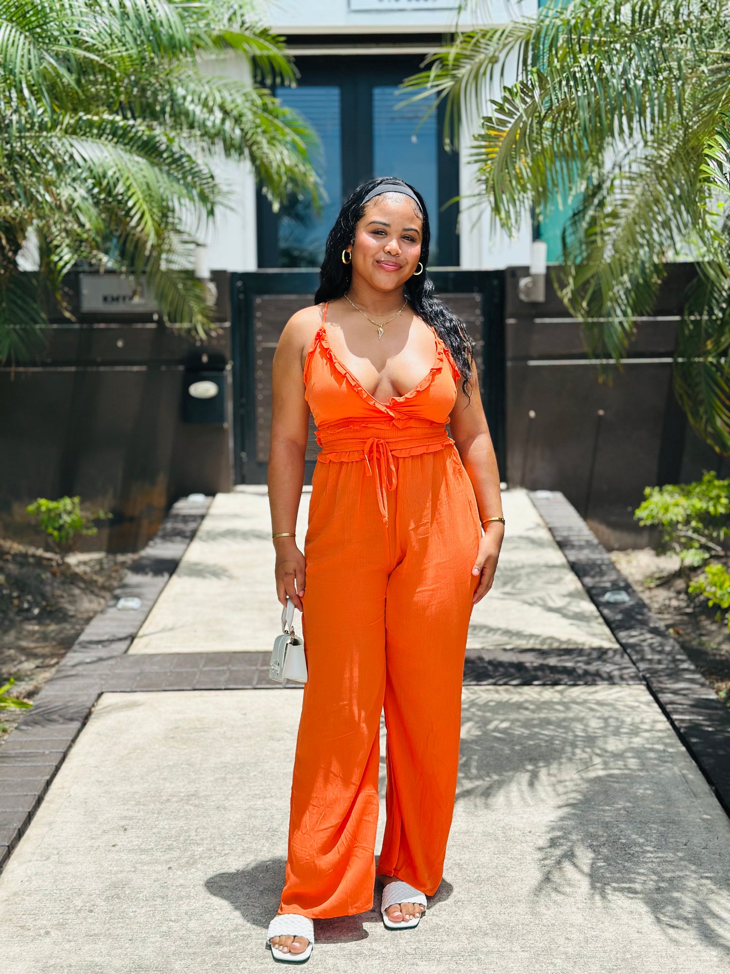 RUFFLED V-NECK WRAP JUMPSUIT