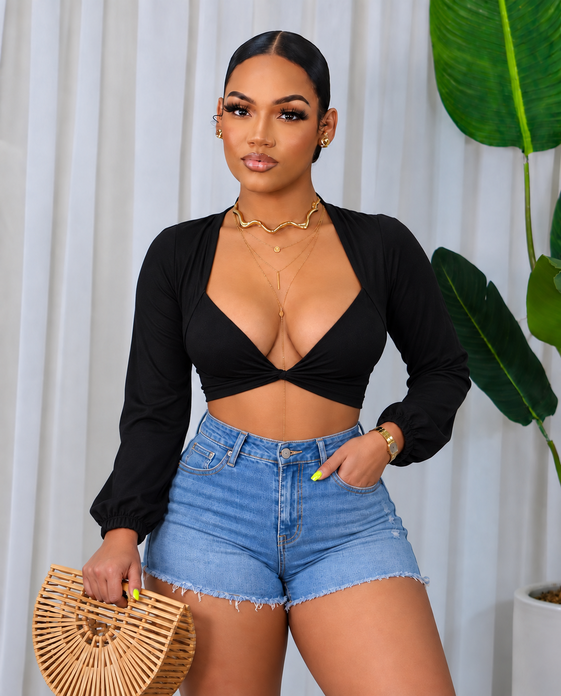 TWISTED, LONG SLEEVE V-NECK CROP TOP