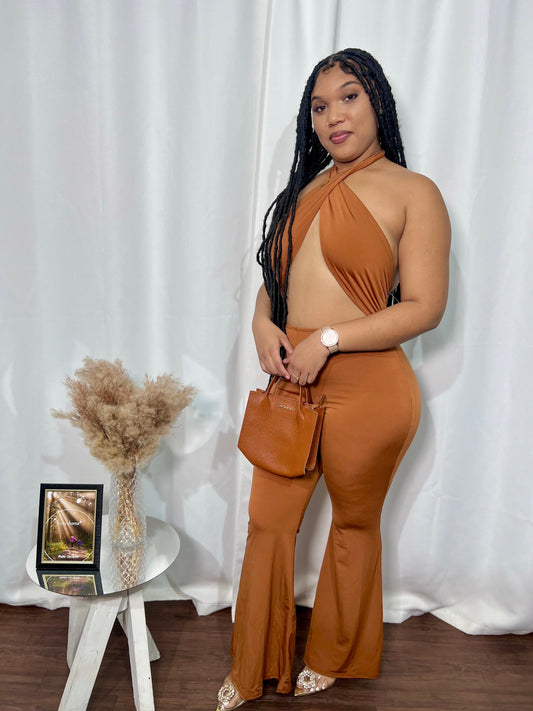 CRISS-CROSS HALTER NECK, BACKLESS JUMPSUIT