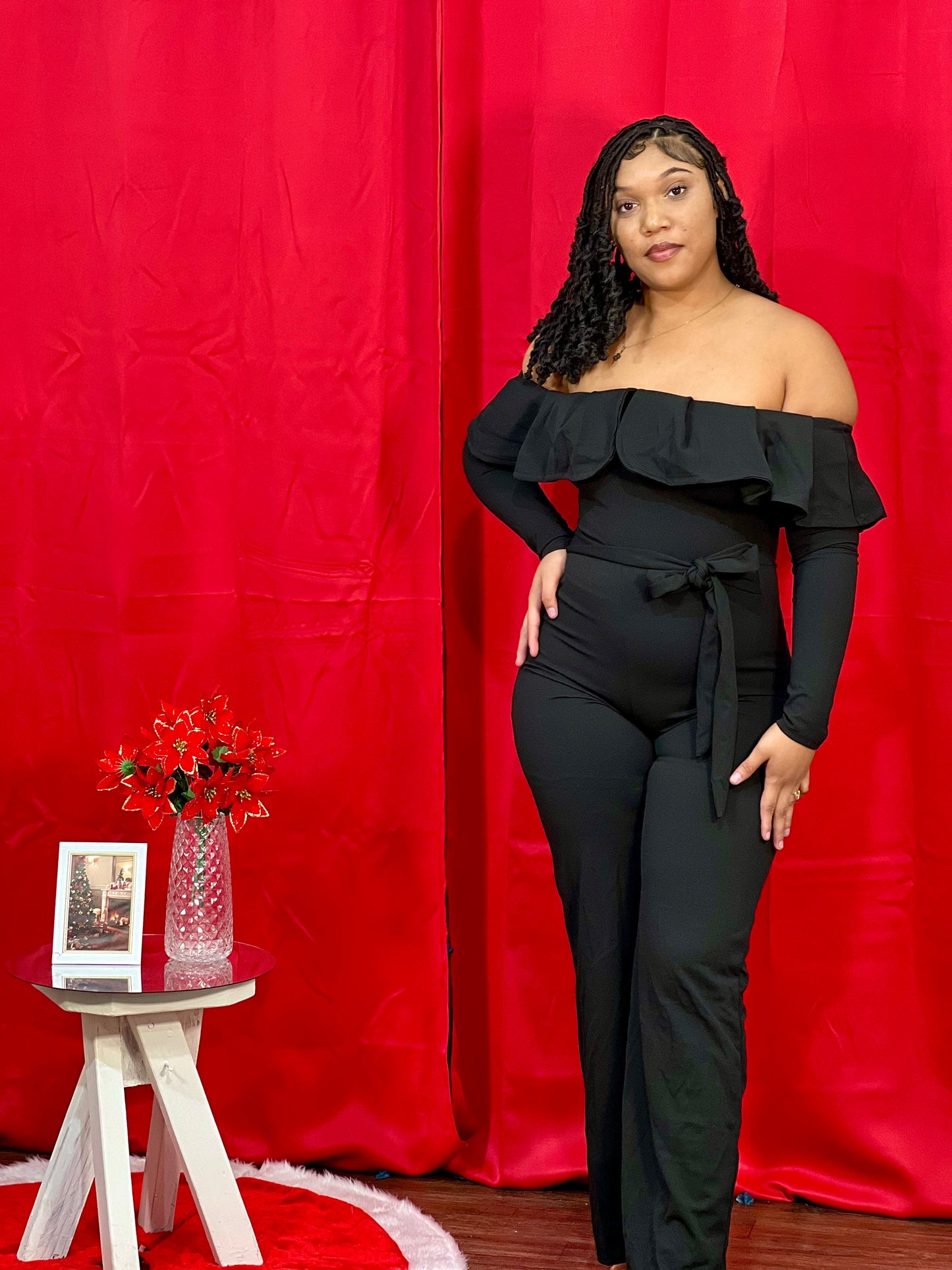 RUFFLED OFF-SHOULDER JUMPSUIT