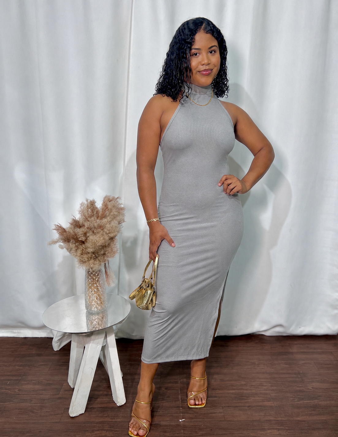 OPEN-BACK HALTER MIDI DRESS