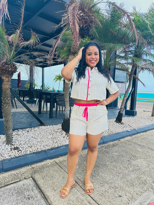 CONTRAST STRIPED SHORT SLV BUTTON TOP/ SHORTS SET
