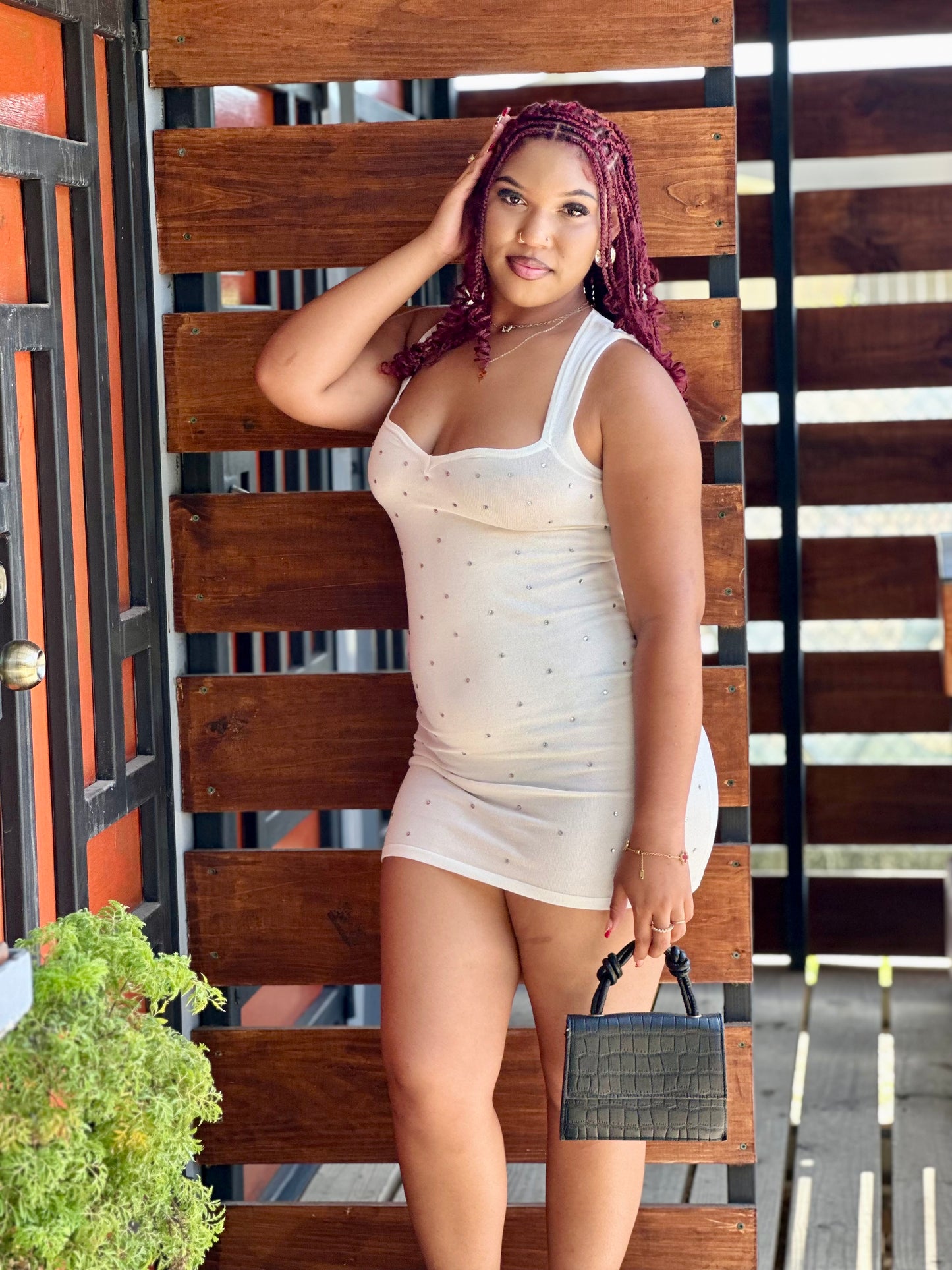 WIDE V-NECK MINI DRESS W/ STUDS