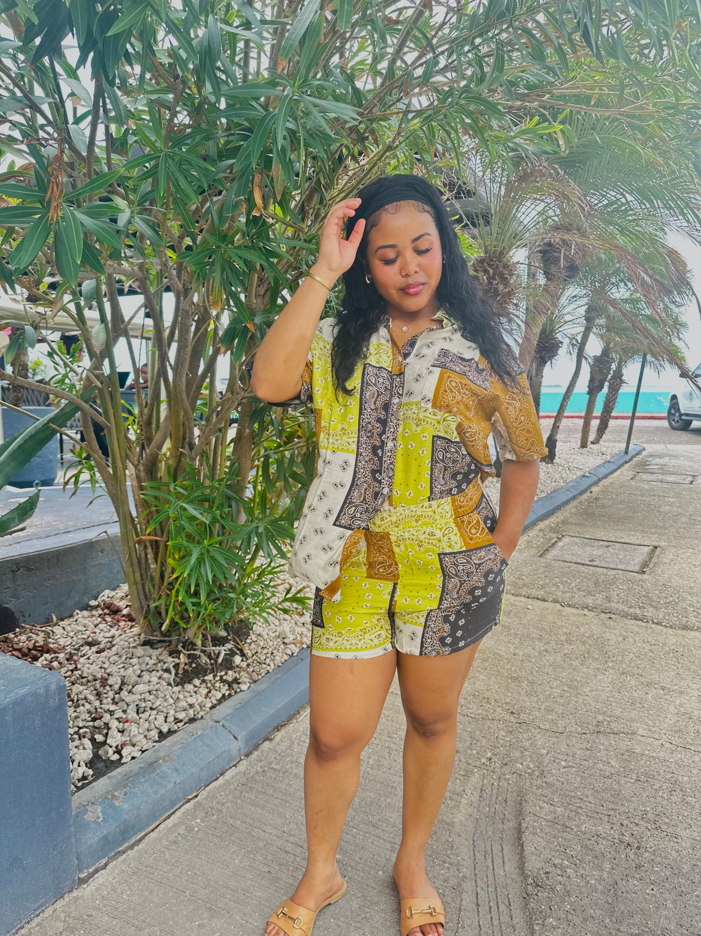 PAISLEY PATCH-PRINT BUTTON SHIRT/ SHORTS SET