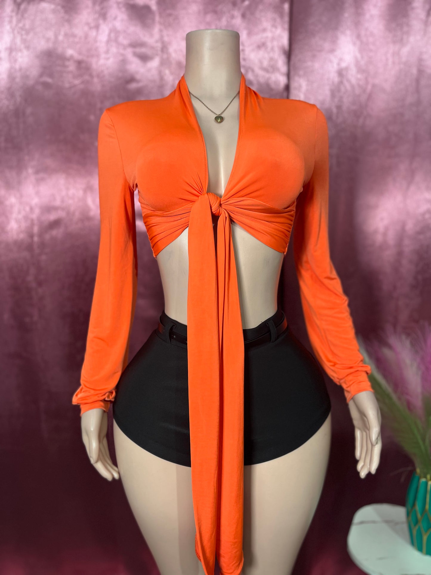 TIE FRONT LONG SLEEVE CROP TOP