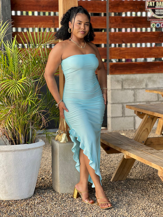 ASYMMETRICAL RUFFLED HEM TUBE DRESS