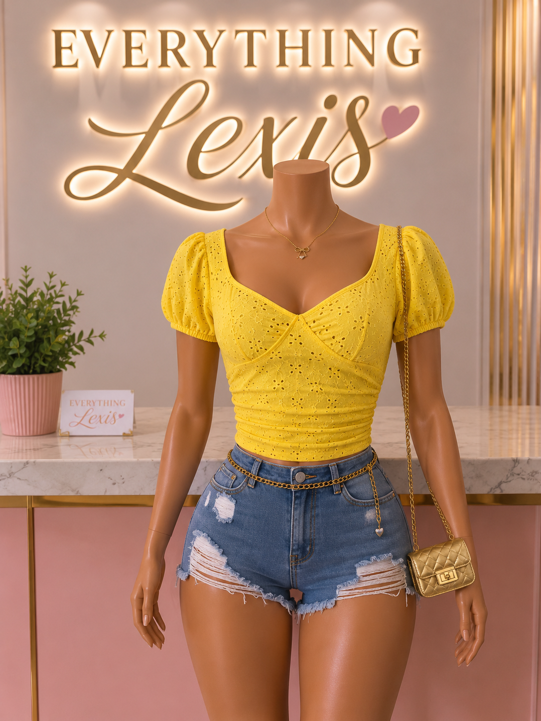 EYELET SWEETHEART NECKLINE PUFF-SLEEVE CROP TOP