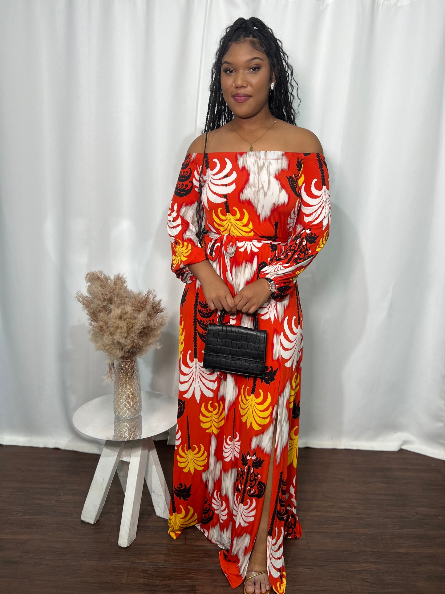 TROPICAL OFF THE SHOULDER BELTED DRESS