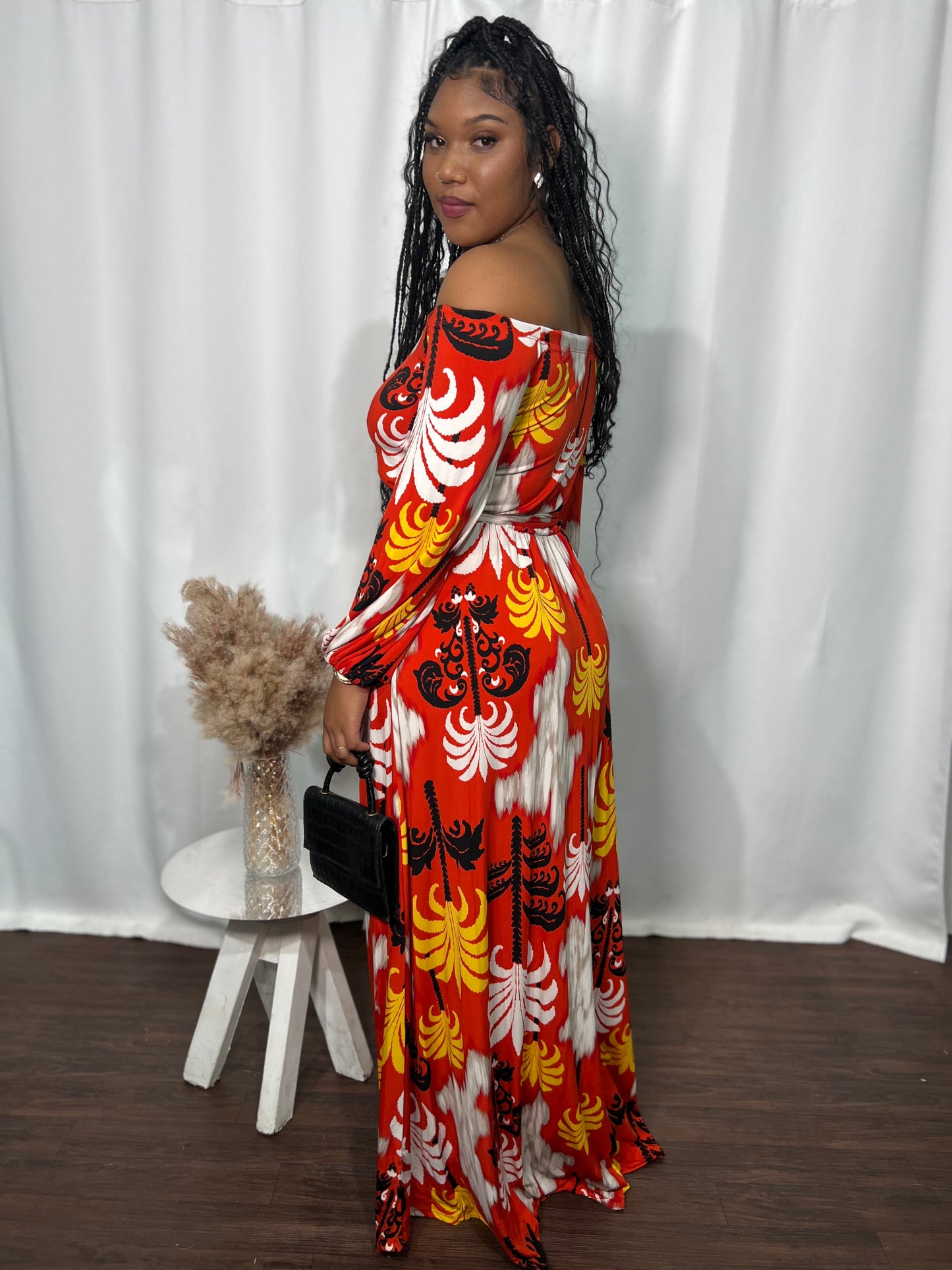 TROPICAL OFF THE SHOULDER BELTED DRESS