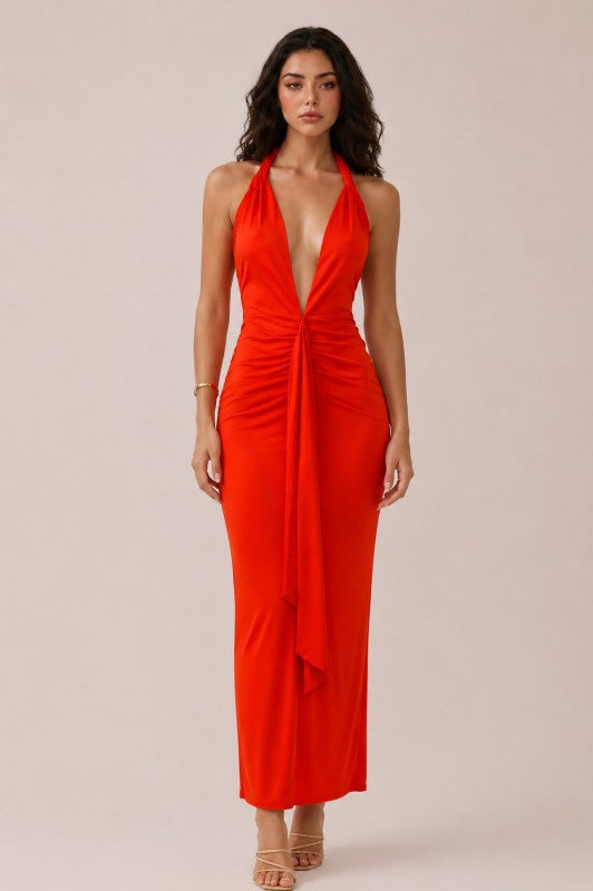 TWISTED KNOT RUCHED MAXI DRESS