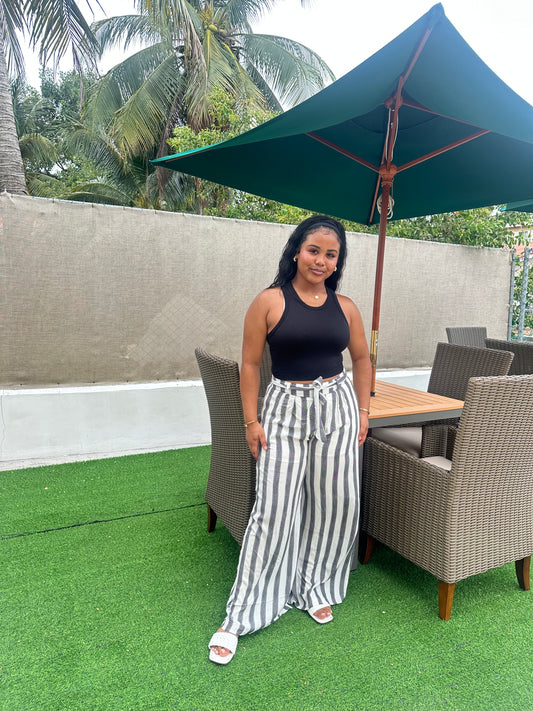 VERTICAL STRIPED, FLARED LEG PANTS