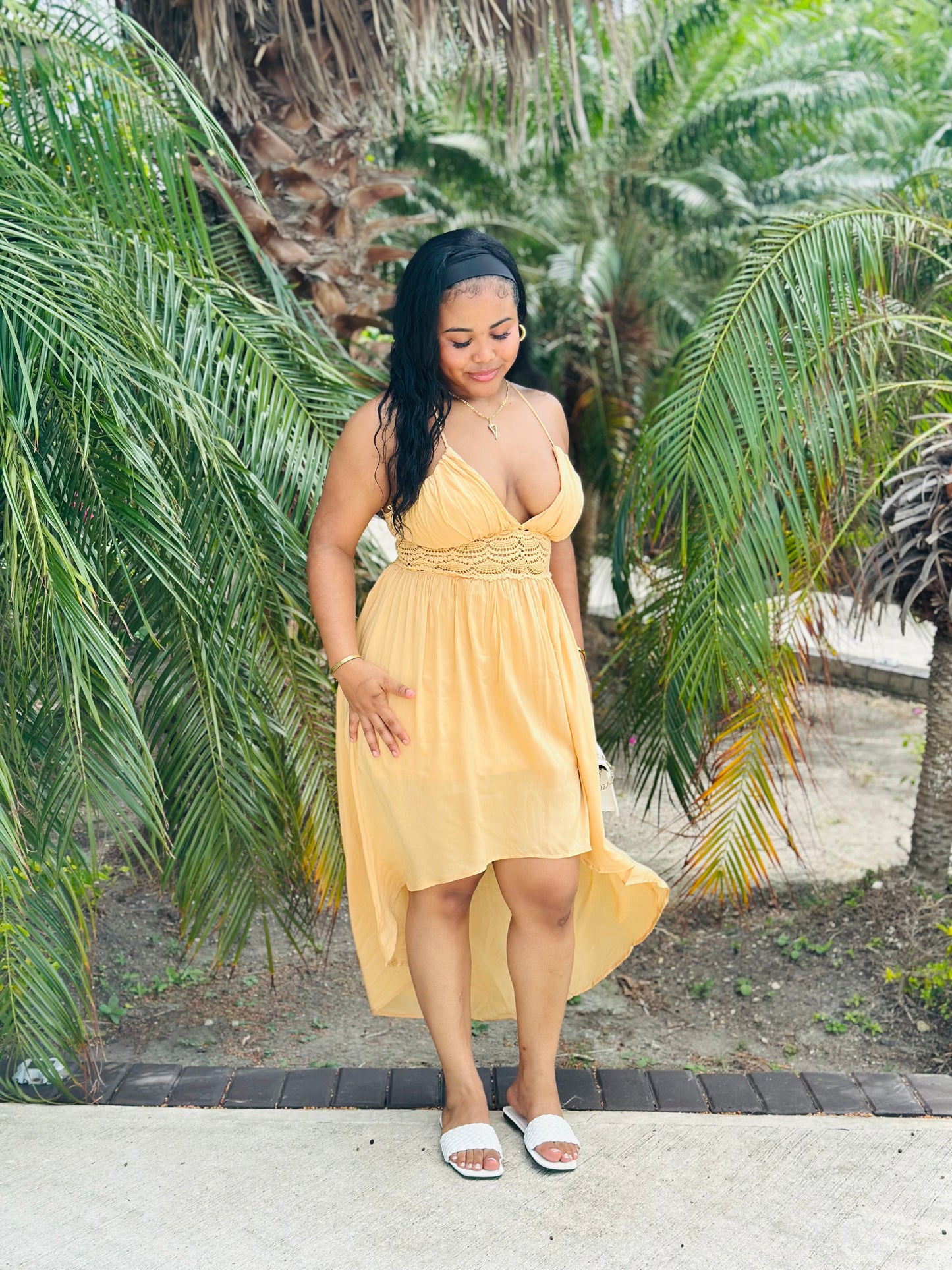 DEEP V-CUT PLUNGING LACE TRIM HI-LOW DRESS