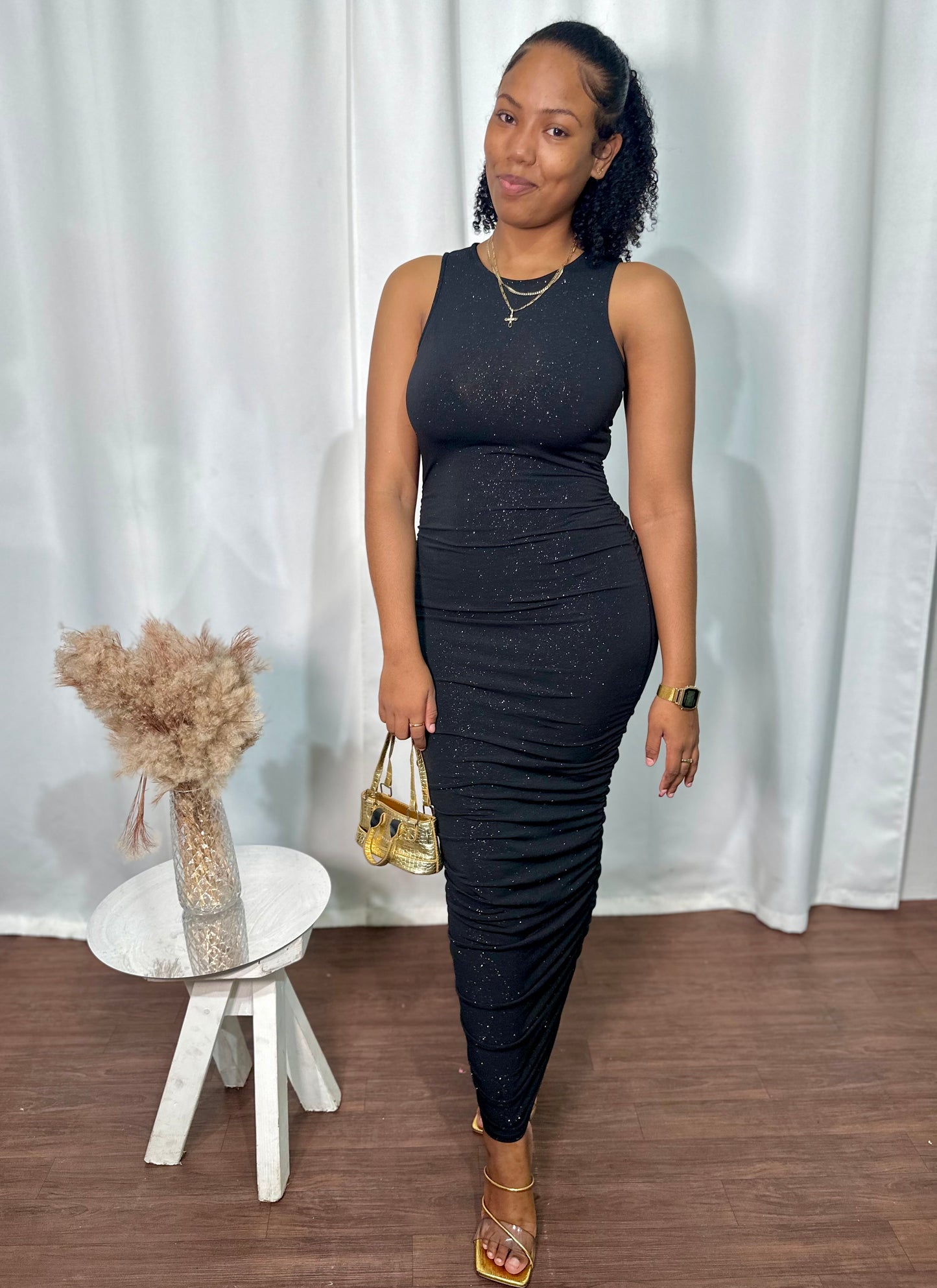 LUREX SLEEVELESS SHIRRED MAXI DRESS