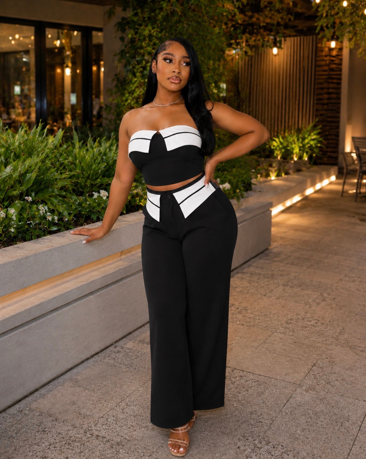 FOLD-OVER CONTRAST, TUBE TOP / PANTS SET