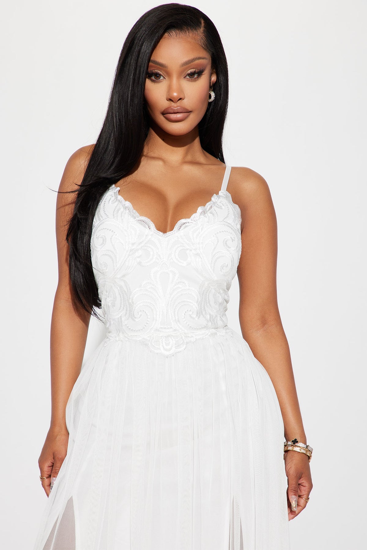 LACE OVERLAY EMBROIDERED MAXI DRESS
